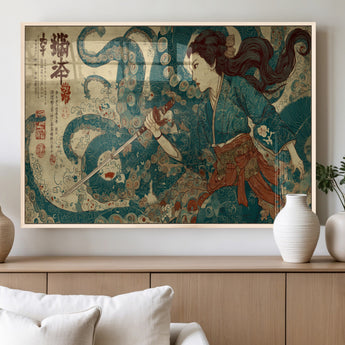 46837670-MGV-FP-60X30-3P_Natural-Tsukioka Yoshitoshi Samurai Wall Art Print, Japanese Katana Warrior Canvas Wall Art, Octopus Sea Monster Canvas Print,