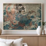 52037775-MGV-FP-36X24-3P_Natural-Samurai Woman Wall Art – Japanese Ukiyo e Style Canvas Print with Katana, Ocean Waves and Octopus, Traditional Asian Inspired