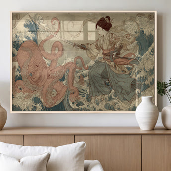 54879547-MGV-FP-60X30-3P_Natural-Tsukioka Yoshitoshi Samurai Wall Art Print, Japanese Katana Warrior Canvas Wall Art, Octopus Sea Monster Canvas Print,