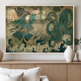 24416422-MGV-FP-36X24-3P_Natural-Samurai vs Octopus Wall Art – Japanese Warrior Ocean Battle Canvas Print, Ukiyo e Inspired Decor for Home, Office, or Man Cave