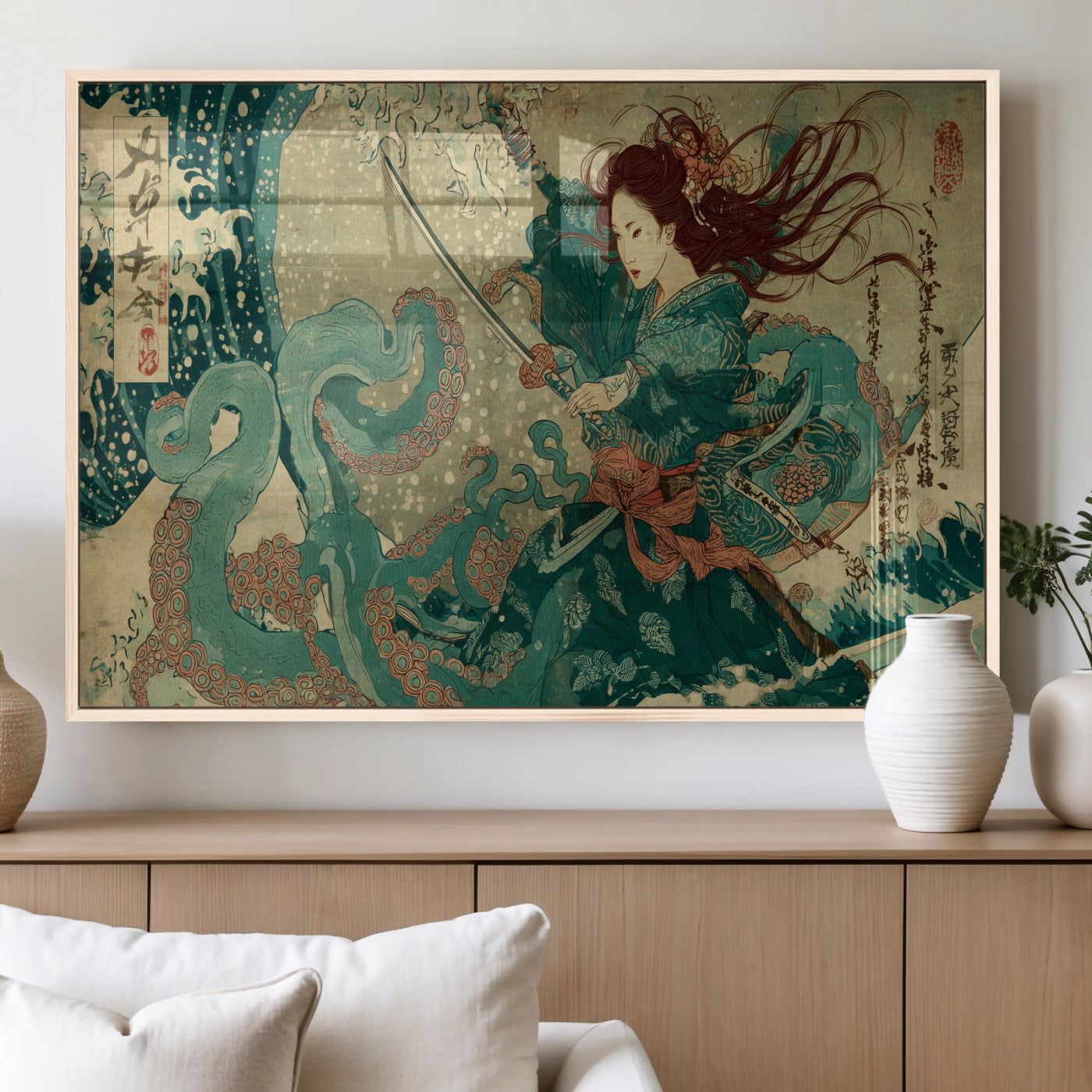 86918027-MGV-FP-60X30-3P_Natural-Tsukioka Yoshitoshi Samurai Wall Art Print, Japanese Katana Warrior Canvas Wall Art, Octopus Sea Monster Canvas Print,