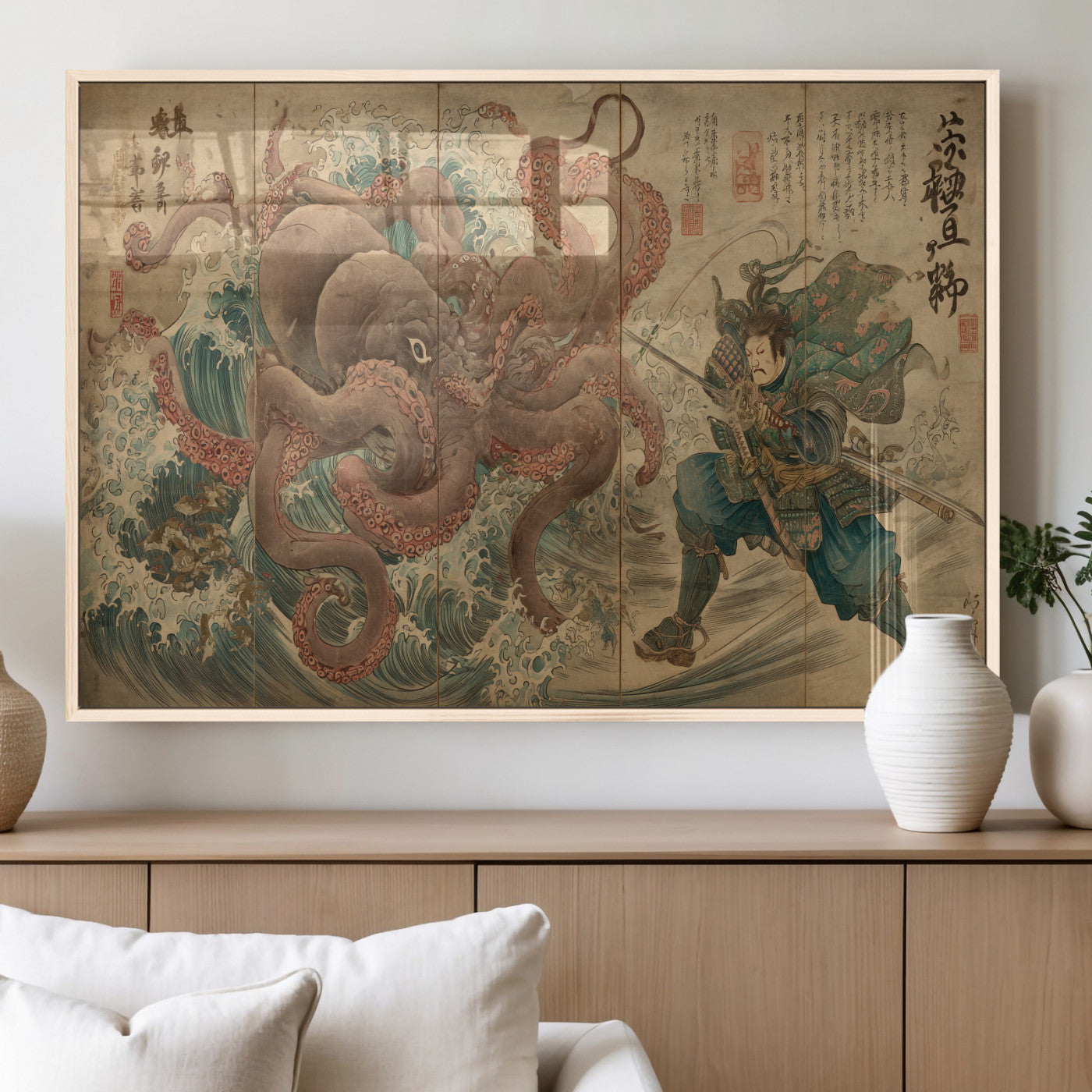 63782167-MGV-FP-60X30-3P_Natural-Tsukioka Yoshitoshi Samurai Wall Art Print, Japanese Katana Warrior Canvas Wall Art, Octopus Sea Monster Canvas Print,