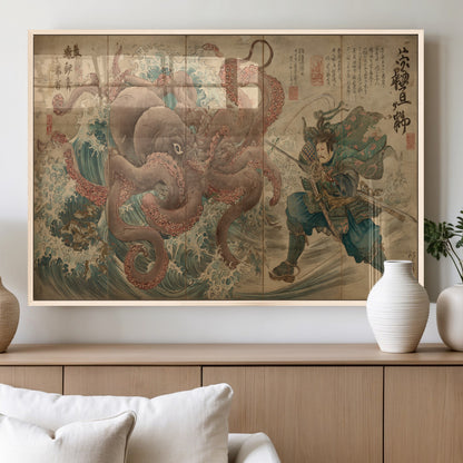 63782167-MGV-FP-60X30-3P_Natural-Tsukioka Yoshitoshi Samurai Wall Art Print, Japanese Katana Warrior Canvas Wall Art, Octopus Sea Monster Canvas Print,
