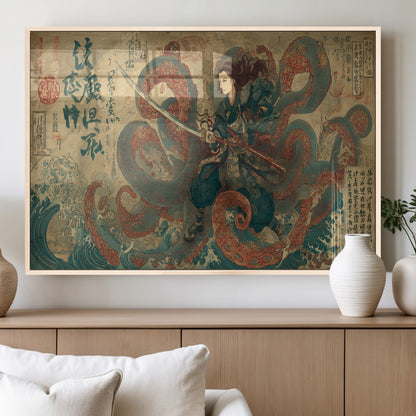98593115-MGV-FP-36X24-3P_Natural-Samurai Warrior vs Octopus Wall Art – Japanese Ukiyo-e Calligraphy Canvas Print, Ocean Battle Scene Artwork for Living Room,