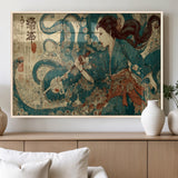 18575670-MGV-FP-36X24-3P_Natural-Samurai Woman vs Octopus Wall Art – Japanese Ukiyo-e Ocean Battle Canvas Print, Traditional Warrior Artwork for Living Room,