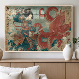 68844327-MGV-FP-60X30-3P_Natural-Tsukioka Yoshitoshi Samurai Wall Art Print, Japanese Katana Warrior Canvas Wall Art, Octopus Sea Monster Canvas Print,