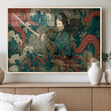 35461724-MGV-FP-36X24-3P_Natural-Samurai Woman vs Octopus Wall Art – Japanese Ukiyo-e Ocean Waves Canvas Print, Red Tentacle Battle Artwork for Living Room,