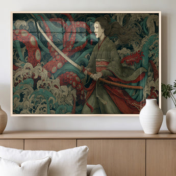 18902796-MGV-FP-36X24-3P_Natural-Samurai Woman vs Octopus Wall Art – Japanese Ukiyo-e Green Kimono Canvas Print, Ocean Battle Scene Artwork for Living Room,