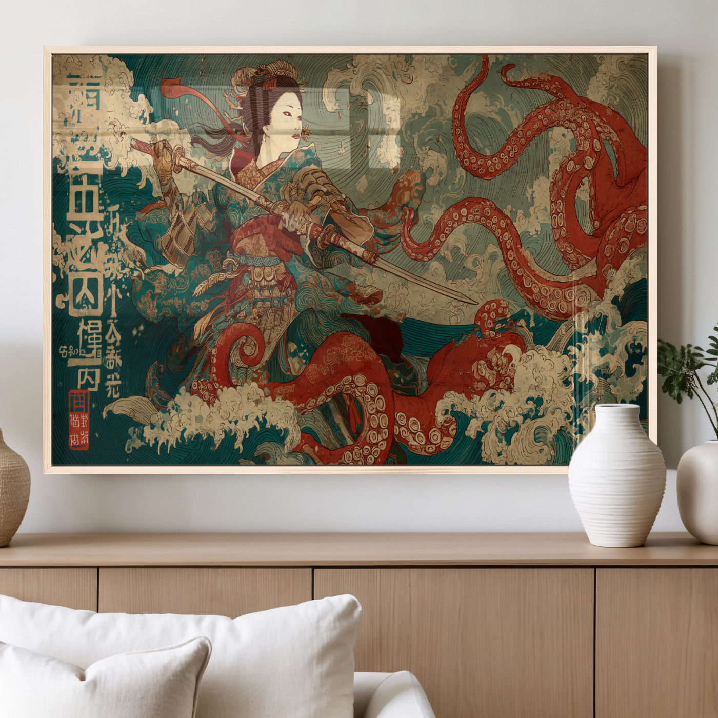 60201267-MGV-FP-36X24-3P_Natural-Samurai Woman vs Octopus Wall Art – Japanese Ukiyo-e Armor Canvas Print, Red Tentacle Ocean Battle Artwork for Living Room,