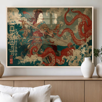 60201267-MGV-FP-36X24-3P_Natural-Samurai Woman vs Octopus Wall Art – Japanese Ukiyo-e Armor Canvas Print, Red Tentacle Ocean Battle Artwork for Living Room,
