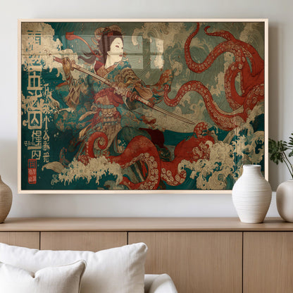 60201267-MGV-FP-36X24-3P_Natural-Samurai Woman vs Octopus Wall Art – Japanese Ukiyo-e Armor Canvas Print, Red Tentacle Ocean Battle Artwork for Living Room,