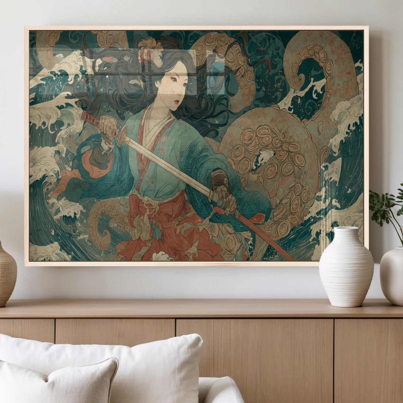 79740258-MGV-FP-36X24-3P_Natural-Samurai Woman vs Octopus Wall Art – Japanese Ukiyo-e Blue Kimono Canvas Print, Ocean Battle Artwork for Living Room, Office, Man