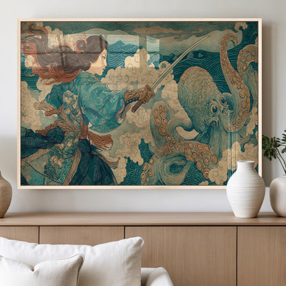99764195-MGV-FP-36X24-3P_Natural-Samurai vs Octopus Wall Art – Japanese Ukiyo-e Style Warrior and Sea Monster Canvas Print, Mythology Inspired Artwork for Living
