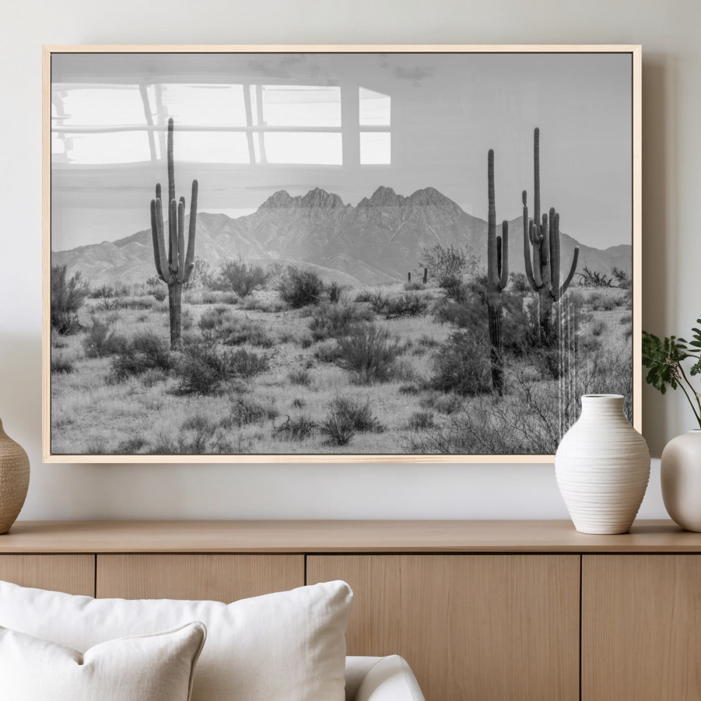 97436PHN-MGV-FP-36X24-3P_Natural-Desert Landscape Wall Art – Black and White Cactus and Mountain Canvas Print, Southwestern Nature Photography for Living Room,
