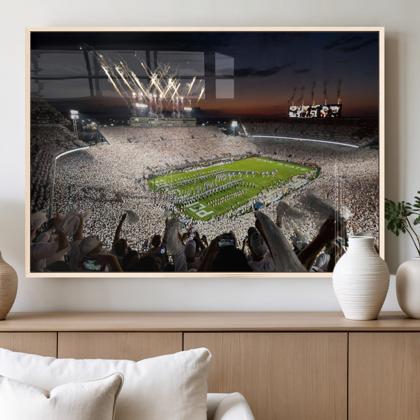 Penn-MGV-FP-36X24-3P_Natural-Football Stadium Wall Art – Panoramic Night Game Canvas Print, Packed Crowd with Fireworks, Sports Decor for Office, Man Cave, Bar