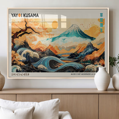 94085549-MGV-FP-60X30-3P_Natural-Yayoi Kusama Inspired Japanese Landscape Art Print – Vibrant Mount Fuji, Waves & Autumn Trees, Modern Decorative Poster for