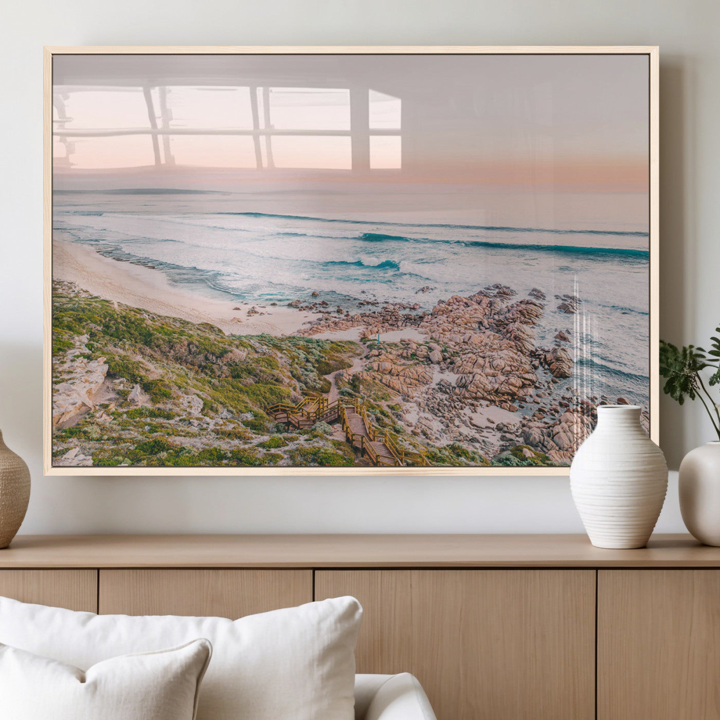 27332135-MGV-FP-36X24-3P_Natural-Coastal Sunset Wall Art – Ocean Waves and Rocky Shore Canvas Print, Scenic Seaside Photography Decor for Bedroom, Living Room,