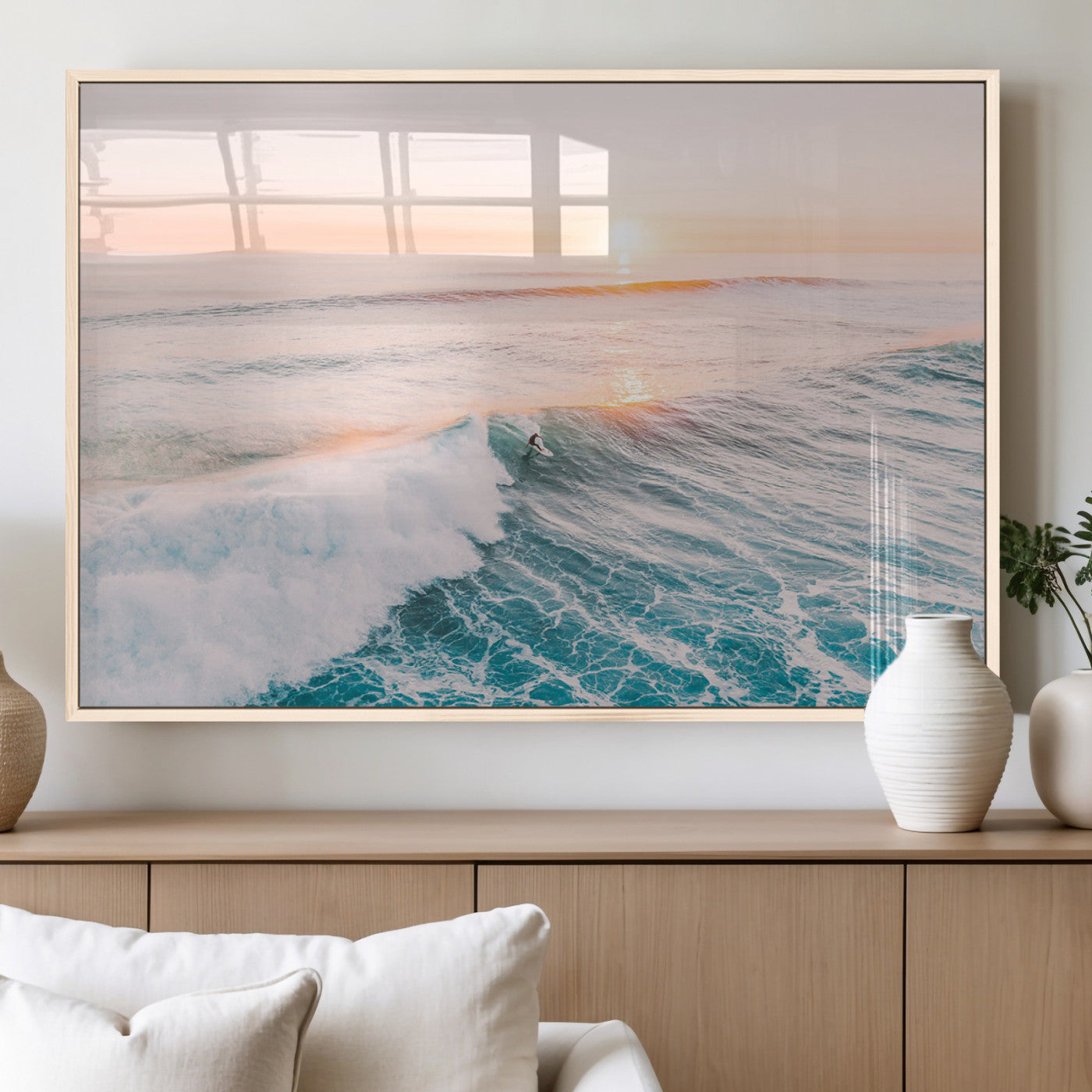 34064591-MGV-FP-36X24-3P_Natural-Surfing Wall Art – Sunset Ocean Wave Canvas Print, Surfer Riding Sea Photography Decor for Bedroom, Living Room, Office, Coastal