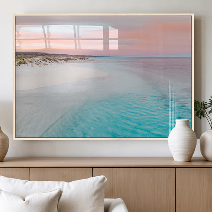 41613614-MGV-FP-36X24-3P_Natural-Beach Sunset Wall Art – Pastel Ocean Canvas Print, Turquoise Water and Pink Sky Photography Decor for Bedroom, Living Room, Office