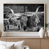 15425553-MGV-FP-36X24-3P_Natural-Western Wall Art – Longhorn Cattle Black and White Canvas Print, Rustic Ranch Photography Decor for Bedroom, Living Room, Office,