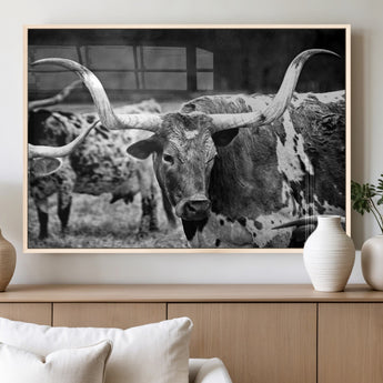 15425553-MGV-FP-36X24-3P_Natural-Western Wall Art – Longhorn Cattle Black and White Canvas Print, Rustic Ranch Photography Decor for Bedroom, Living Room, Office,