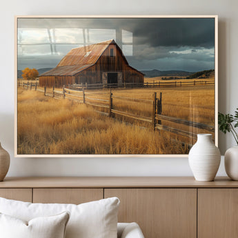 16480179-MGV-FP-36X24-3P_Natural-Farmhouse Wall Art – Rustic Barn and Golden Field Canvas Print, Country Landscape Photography Decor for Bedroom, Living Room,