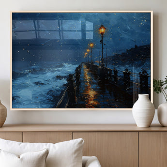 48300530-MGV-FP-36X24-3P_Natural-Night Pier Wall Art – Moody Ocean Boardwalk Canvas Print, Impressionist Coastal Seascape Painting Decor for Living Room, Office,