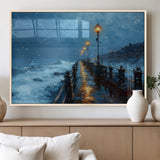 93793246-MGV-FP-36X24-3P_Natural-Stormy Night Pier Canvas Wall Art – Moody Ocean Landscape with Lights, Blue Coastal Seascape Print for Bedroom, Living Room,