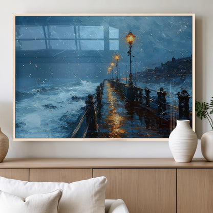93793246-MGV-FP-36X24-3P_Natural-Stormy Night Pier Canvas Wall Art – Moody Ocean Landscape with Lights, Blue Coastal Seascape Print for Bedroom, Living Room,