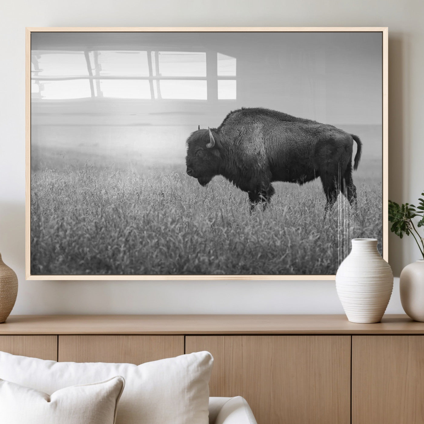 90861202-MGV-FP-36X24-3P_Natural-Black and White Bison Canvas Wall Art – Rustic American Buffalo Print, Western Wildlife Photography for Farmhouse, Cabin, Office