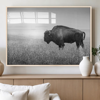90861202-MGV-FP-36X24-3P_Natural-Black and White Bison Canvas Wall Art – Rustic American Buffalo Print, Western Wildlife Photography for Farmhouse, Cabin, Office
