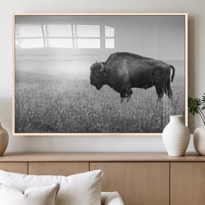 90861202-MGV-FP-36X24-3P_Natural-Black and White Bison Canvas Wall Art – Rustic American Buffalo Print, Western Wildlife Photography for Farmhouse, Cabin, Office