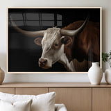 27414857-MGV-FP-60X30-3P_Natural-Texas Longhorn Bull Canvas Wall Art – Rustic Western Farmhouse Decor, Brown & White Cow Portrait, Animal Print for Ranch Home