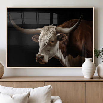 27414857-MGV-FP-60X30-3P_Natural-Texas Longhorn Bull Canvas Wall Art – Rustic Western Farmhouse Decor, Brown & White Cow Portrait, Animal Print for Ranch Home
