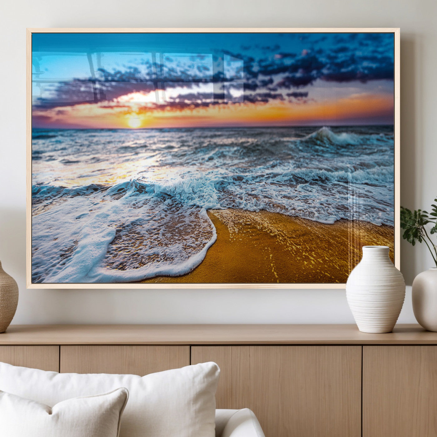 24077769-MGV-FP-36X24-3P_Natural-Sunset Beach Wall Art – Ocean Waves Canvas Print, Golden Shoreline Photography Coastal Decor for Living Room, Bedroom, Office,