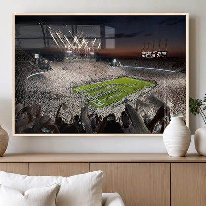 11221988-MGV-FP-36X24-3P_Natural-Football Stadium Wall Art – Game Day Crowd with Fireworks, Sports Fan Photography Print, Stadium Decor for Man Cave, Bar, or