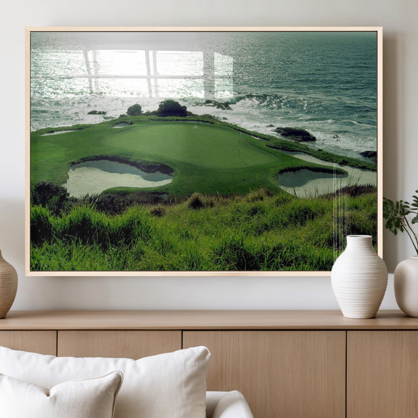 48473947-MGV-FP-36X24-3P_Natural-Ocean Golf Course Wall Art – Panoramic Green Fairway Canvas Print, Coastal Golf Landscape Photography Sports Decor for Office, Man