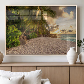 89531159-MGV-FP-36X24-3P_Natural-Tropical Beach Sunset Canvas Wall Art – Palm Trees Golden Sand Ocean Waves Coastal Paradise Print for Beach House Bedroom Bathroom