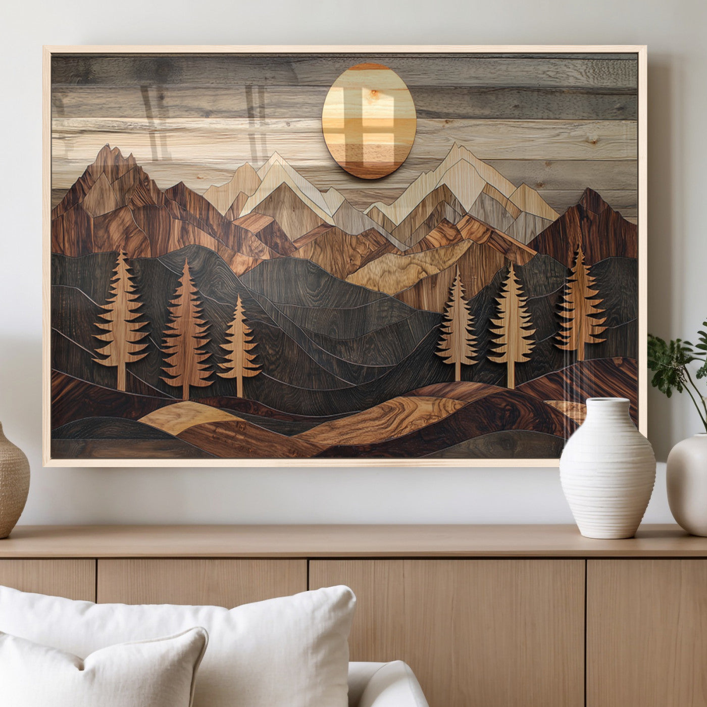 90044381-MGV-FP-36X24-3P_Natural-Rustic Wall Art – Wooden Mountain Landscape with Sun and Pine Trees, Handcrafted Nature Canvas Style Decor for Bedroom, Living