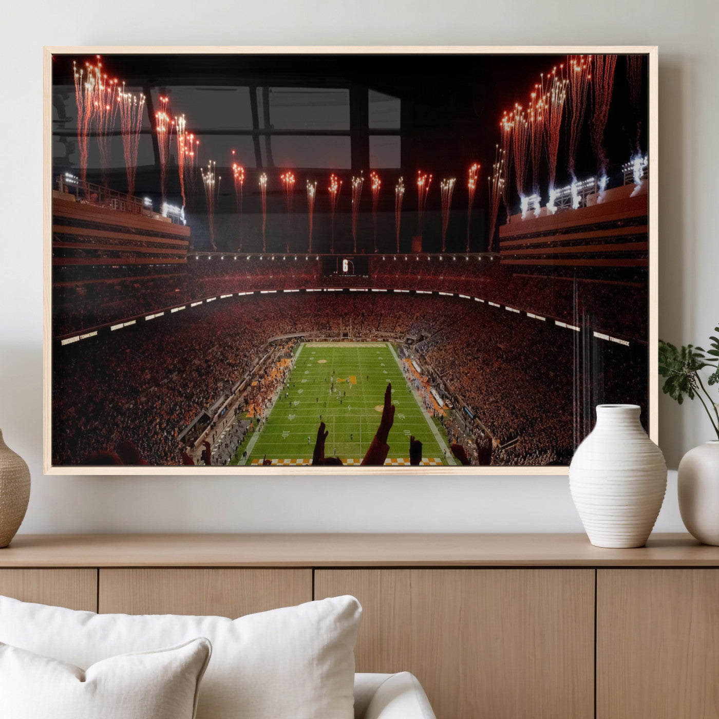 73358115-MGV-FP-36X24-3P_Natural-Tennessee Volunteers Wall Art – Neyland Stadium Fireworks Night Game Canvas Print, Vols Football Checkerboard Endzone Sports Decor