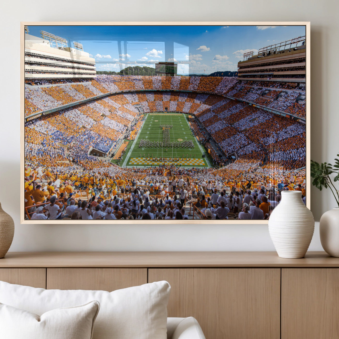 64238859-MGV-FP-36X24-3P_Natural-Neyland Stadium Wall Art – Panoramic Tennessee Volunteers Power T Checkerboard Crowd Canvas Print, Day Game Football Band Sports