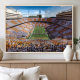 64238859-MGV-FP-36X24-3P_Natural-Neyland Stadium Wall Art – Panoramic Tennessee Volunteers Power T Checkerboard Crowd Canvas Print, Day Game Football Band Sports