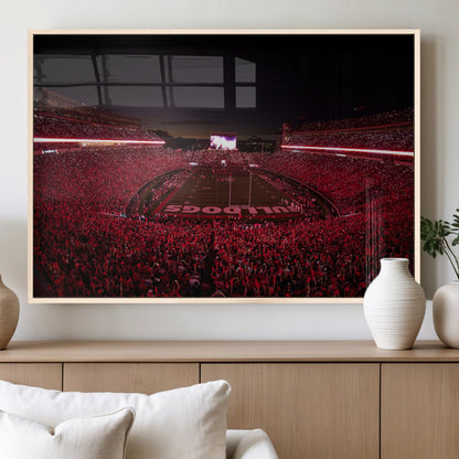38331045-MGV-FP-36X24-3P_Natural-Sanford Stadium Wall Art – Panoramic Georgia Bulldogs Red Light Game Football Canvas Print, Night Crowd Sports Decor for Office,