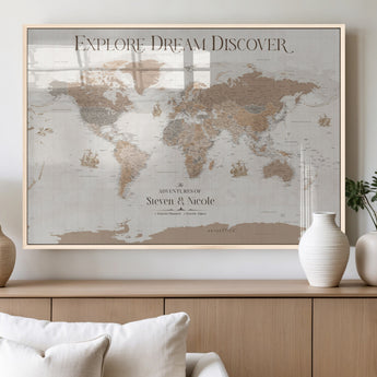 56148717-MGV-FP-36X24-3P_Natural-Personalized World Map Wall Art – Neutral Beige & Brown Vintage Adventure Travel Map with Custom Couple Names, Classic Wall Decor