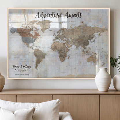 30792405-MGV-FP-36X24-3P_Natural-Personalized World Map Wall Art – Rustic Beige Adventure Travel Map with Custom Couple Names, Vintage Wall Decor for Home or