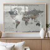 97082026-MGV-FP-36X24-3P_Natural-Personalized World Map Wall Art – Vintage Gray Adventure Travel Map with Custom Couple or Family Names, Rustic Wall Decor for Home