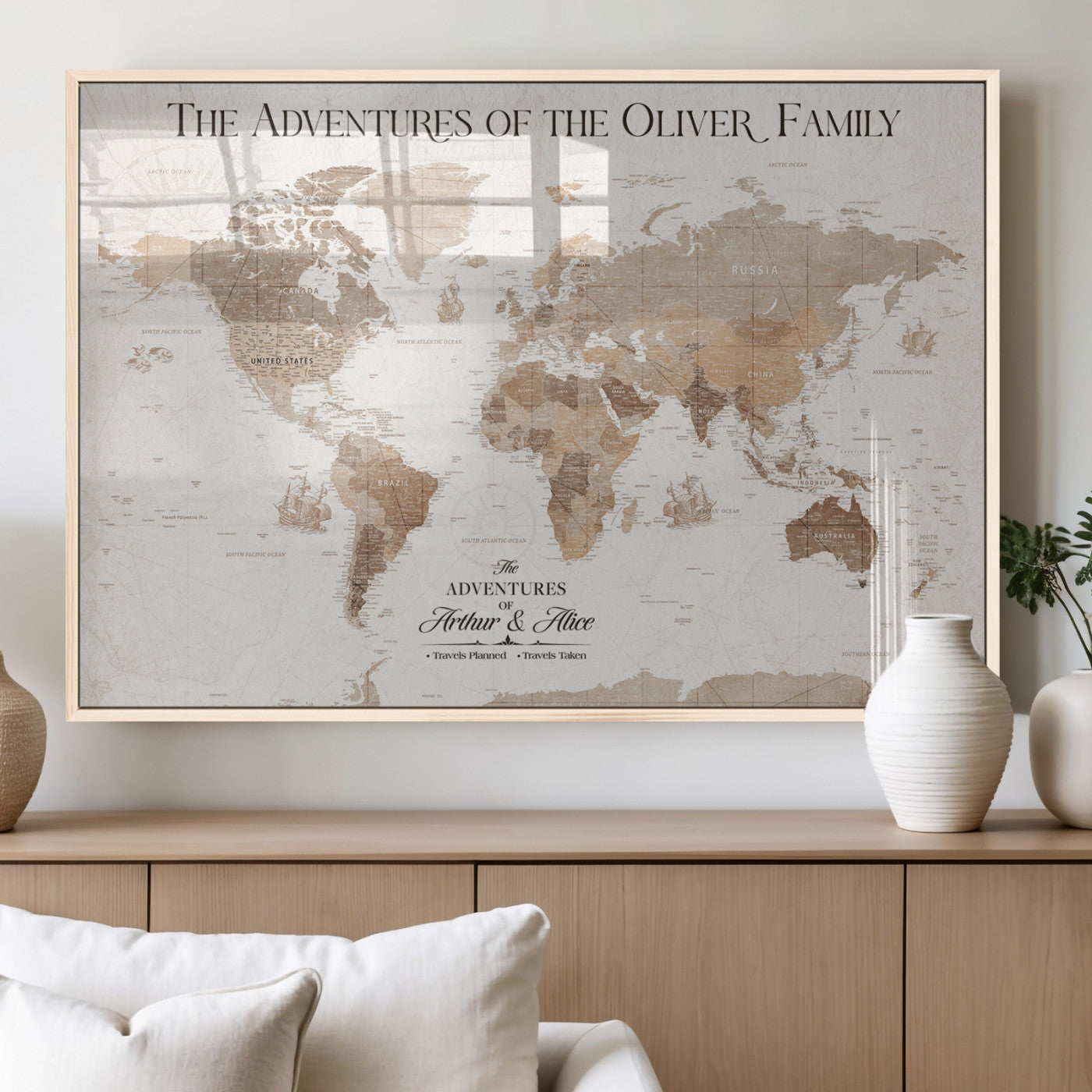 43869621-MGV-FP-36X24-3P_Natural-Personalized World Map Wall Art – Light Beige Sepia Adventure Travel Map with Custom Family or Couple Names, Rustic Wall Decor for