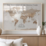 43869621-MGV-FP-36X24-3P_Natural-Personalized World Map Wall Art – Light Beige Sepia Adventure Travel Map with Custom Family or Couple Names, Rustic Wall Decor for