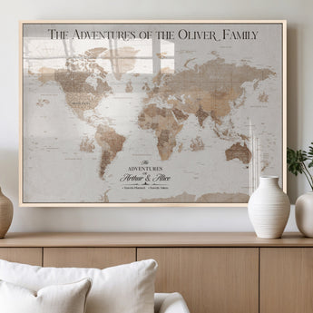 43869621-MGV-FP-36X24-3P_Natural-Personalized World Map Wall Art – Light Beige Sepia Adventure Travel Map with Custom Family or Couple Names, Rustic Wall Decor for