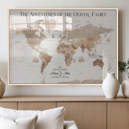 43869621-MGV-FP-36X24-3P_Natural-Personalized World Map Wall Art – Light Beige Sepia Adventure Travel Map with Custom Family or Couple Names, Rustic Wall Decor for